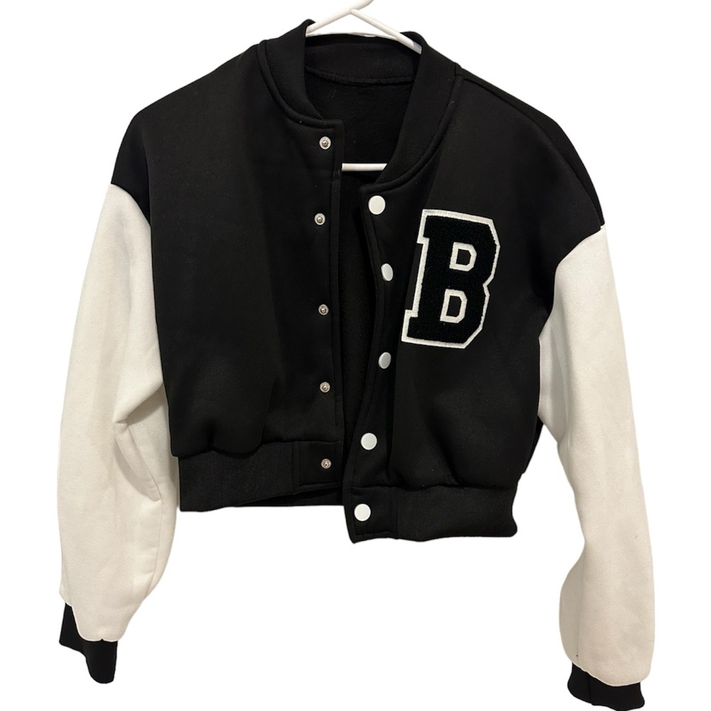 Letter Patch Color Block Off Shoulder Varsity Jacket